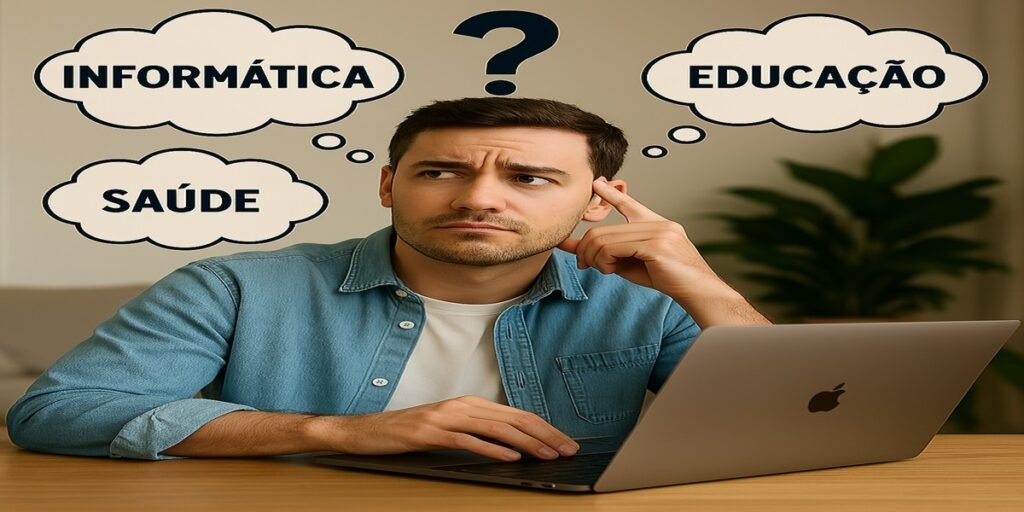 Pessoa diante de laptop refletindo sobre caminhos profissionais nas áreas de informática, saúde e educação