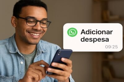 Pessoa sorridente usando smartphone com notificação de despesa integrada ao WhatsApp