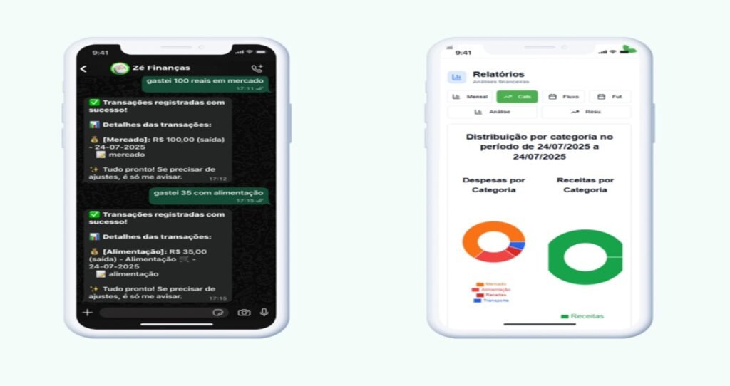 Interface de aplicativo financeiro exibindo registro de transações e gráficos de despesas por categoria