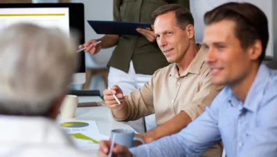 Líderes em reunião discutindo a importância da inteligência emocional no mundo dos negócios, destacando seu papel crucial para líderes eficazes.