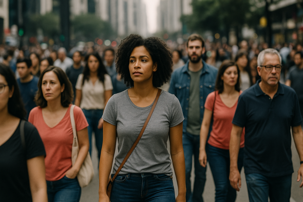 Um grupo diverso de pessoas caminha em uma rua movimentada de uma cidade, com prédios altos ao fundo. Em primeiro plano, uma mulher de pele parda e cabelo cacheado veste camiseta cinza e calça jeans, olhando para frente com expressão séria. Ao redor, homens e mulheres de diferentes idades e etnias seguem na mesma direção, representando mudanças sociais e coletivas na vida urbana.
