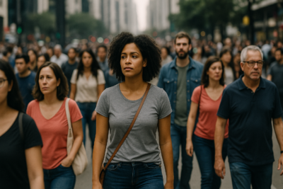 Um grupo diverso de pessoas caminha em uma rua movimentada de uma cidade, com prédios altos ao fundo. Em primeiro plano, uma mulher de pele parda e cabelo cacheado veste camiseta cinza e calça jeans, olhando para frente com expressão séria. Ao redor, homens e mulheres de diferentes idades e etnias seguem na mesma direção, representando mudanças sociais e coletivas na vida urbana.