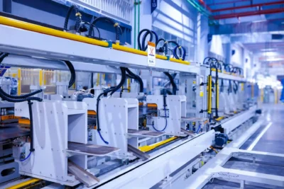 Imagem de uma linha de produção industrial moderna destacando tecnologia de Manutenção Preditiva e Internet das Coisas (IoT) Industrial no futuro da manutenção.