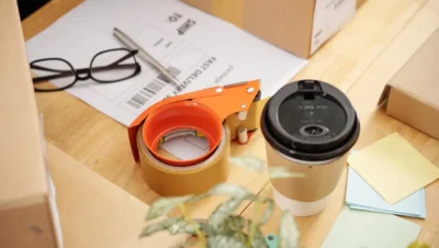 Imagem mostrando um ambiente de escritório com materiais para etiquetagem, incluindo rolo de fitas, copo de café, etiquetas e caixas, ideal para escolher o melhor fornecedor de etiquetas para sua empresa.