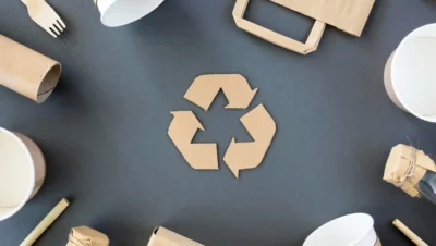 Embalagens industriais recicláveis para produtos sustentáveis e diferenciais de marca, incluindo caixas, copos e embalagens de papel reciclado em ambiente de reciclagem.