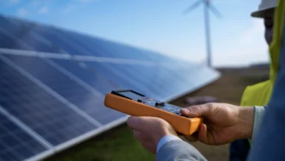 Profissional verificando painel solar fotovoltaico em usina de energia solar, símbolo de energia renovável e sustentabilidade.