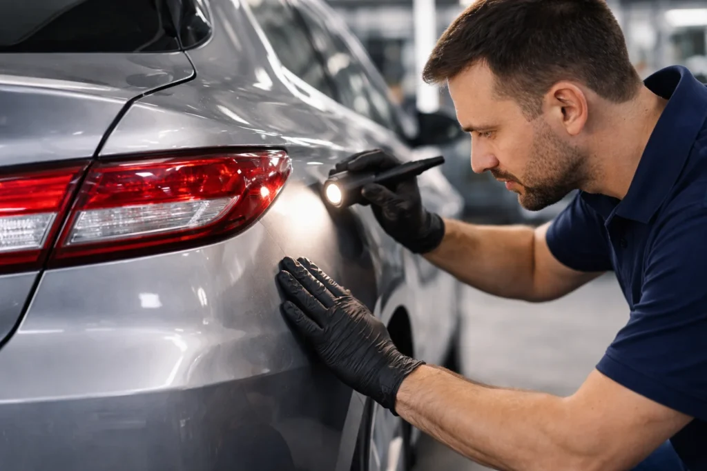Profissional inspecionando lataria automotiva com lanterna para identificar reparos mal executados, observando falhas de acabamento e pintura em veículo.