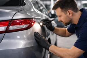 Profissional inspecionando lataria automotiva com lanterna para identificar reparos mal executados, observando falhas de acabamento e pintura em veículo.