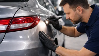 Profissional inspecionando lataria automotiva com lanterna para identificar reparos mal executados, observando falhas de acabamento e pintura em veículo.