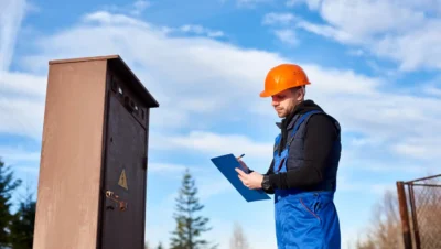 Técnico realizando instalação de gerador ao ar livre, segurando um clipboard com checklist para garantir eficiência e evitar erros.